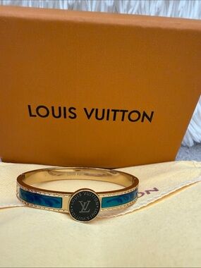 Louis Vuitton Gold-Tone Bangle with Blue Enamel Dust bag and box included